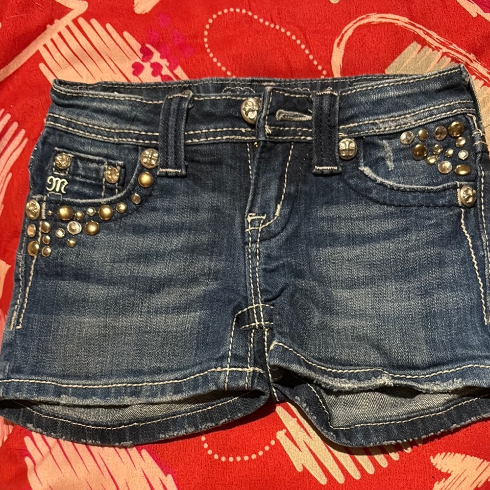 Girls Miss Me Blue Denim Cutoff Shorts with Gold Studs size 8